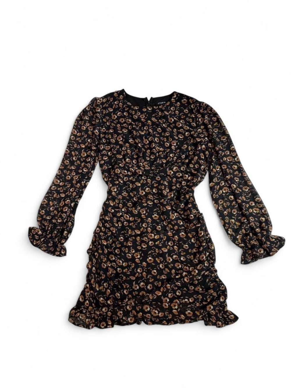 Storia Black and Tan Floral Ruched Mini Dress